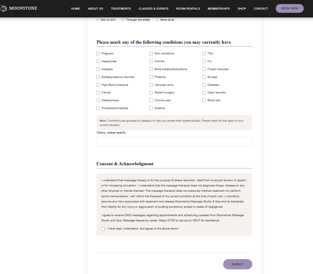 Screenshot of the optional SMS marketing opt-in checkbox on the Moonstone online booking form