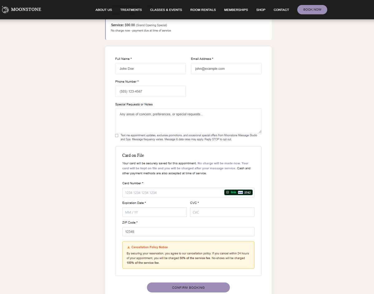 Screenshot of SMS consent language in the Moonstone client intake form Consent and Acknowledgment section